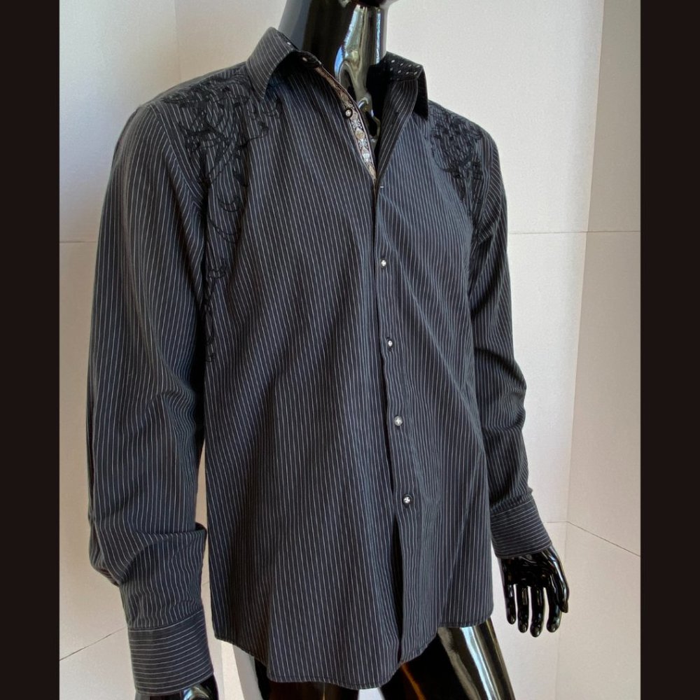 Black Pinstripe Embroidered Shoulder Ribbon Placket Shirt Size L Large